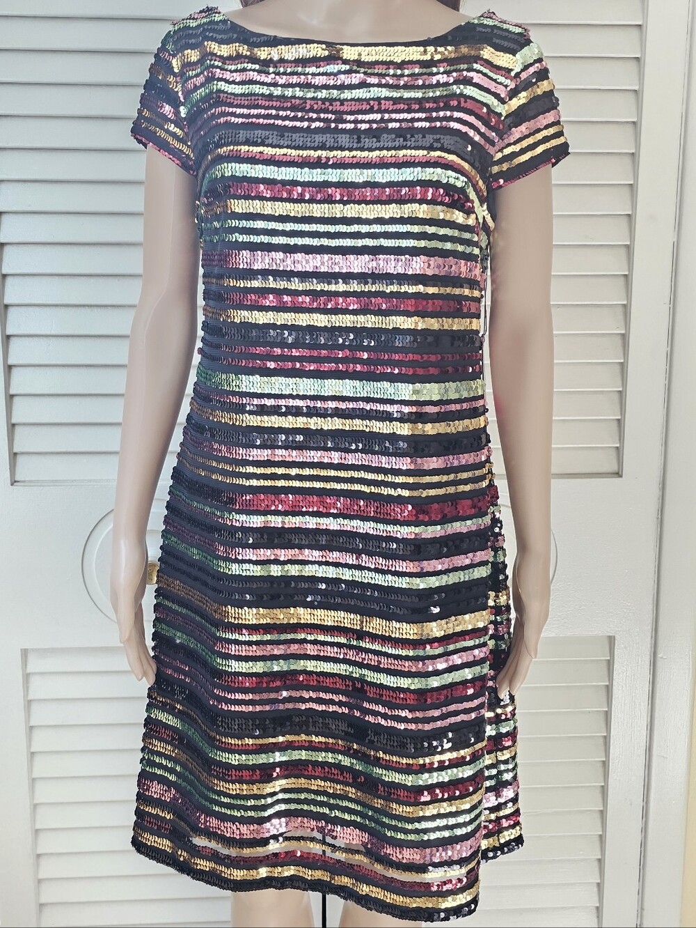 Vince Camuto Multicolor Sequin Stripe Short Sleeve Dress